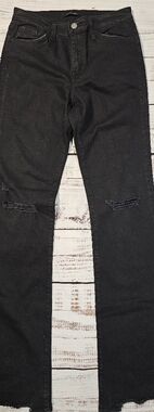 Flying Monkey High Rise Flare Jeans Black Distressed Raw Hem Size 28 Y2K Stretch